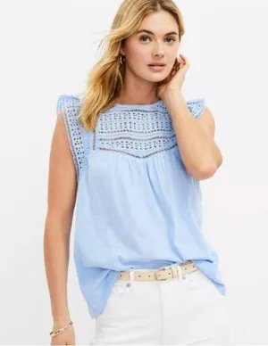 Loft Smocked Blue Blouse with Eyelet Lace Flutter Sleeves Sz L EUC Lt Blue thumbnail 1