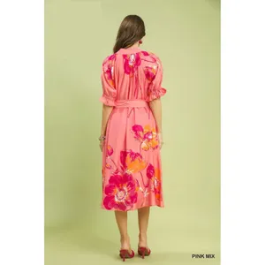 Umgee Floral‎ Flounce Sleeve Midi Dress with Belted - Pink Mix - Large thumbnail 4