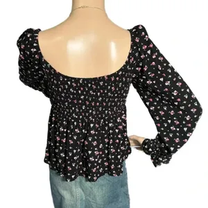 Daisy & Delilah Boho Black Floral Top Smocked Bodice Long Bell Sleeve Women’s M thumbnail 5
