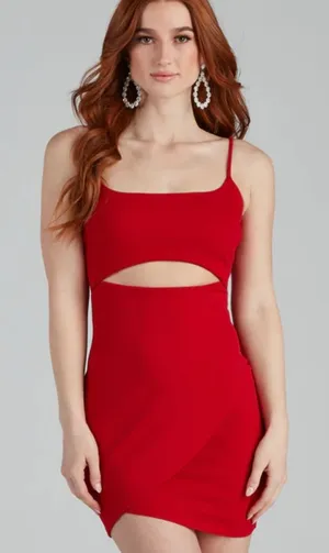 Square Neck Red Dress With Cutout thumbnail 1