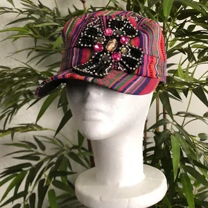 Y2K Boho Chic Kitschy Gypsy Hippie Aztec Western Beaded cross messenger cadet military newspaper baker boy cap hat thumbnail 2