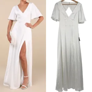 Lulus Satin Maxi Dress M White Flutter Sleeve Cutout Wedding Elopement Bridal thumbnail 2