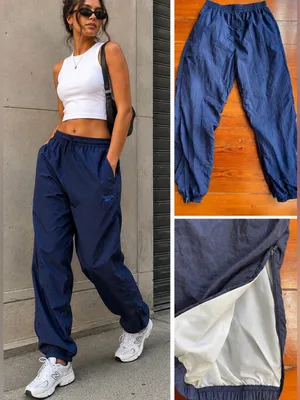 Vintage 90s Reebok Navy Nylon Track Pants Lined Zip Ankle Sz L 💚🎀 thumbnail 2
