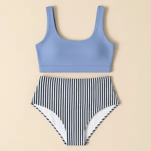 Blue Purple Bikini Set High Waist Striped Bottom Padded Swimwear M NWT thumbnail 2
