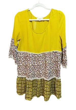 Umgee USA Mustard Yellow Floral Boho Mixed Print Tunic‎ Top Crochet Lace Medium thumbnail 1