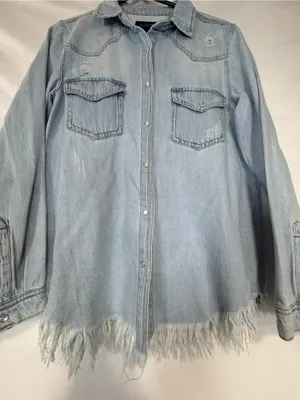 Risen Light Blue Denim pearl snap Button Shirt Distressed Size M thumbnail 4