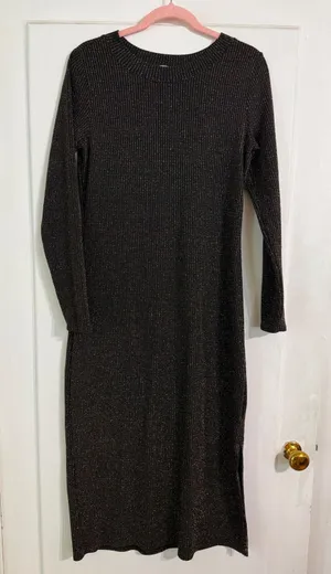 LOFT Womens Black Ribbed Metallic Shimmer‎ Long Sleeve Midi Sheath Dress Small thumbnail 1