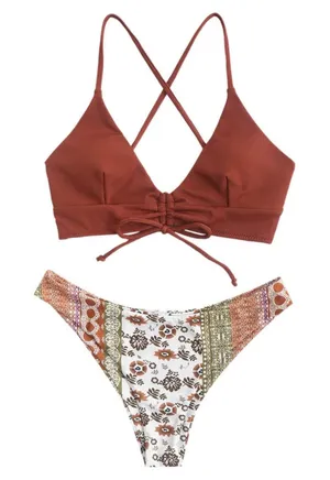 NWT ZAFUL Womens Ribbed Triangle Boho Print High Cut Swimsuit Coffee Small thumbnail 1