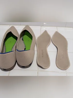 Rothy's Pointed Toe Knit Flats in Light Beige with Blue Trim thumbnail 7