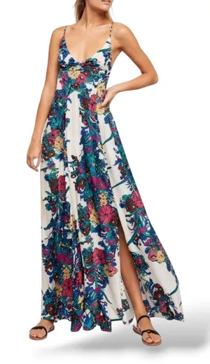 Intimately Free People Floral Butterfly Maxi Dress XS White Blue Smocked Slit thumbnail 1