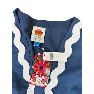 Farm Rio Anthropologie Blue Linen Blend Embroidered Pineapple Maxi Dress M NWT thumbnail 3
