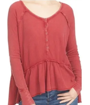Free People WE THE FREE COASTAL PEPLUM THERMAL TOP BLOUSE RED/PINK MEDIUM thumbnail 1