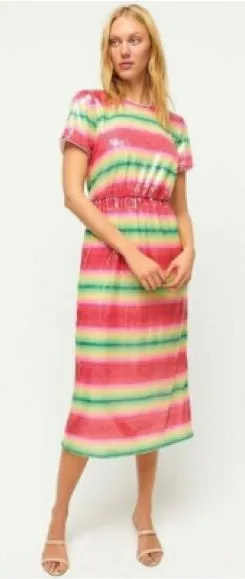 💗🆕J. Crew Watermelon Sequin Pink Multi-Stripe Midi Short Sleeve Dress✨NWT✨ thumbnail 1