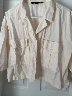 Zara Cropped Utility button front shirt women size L cotton front big pockets thumbnail 3