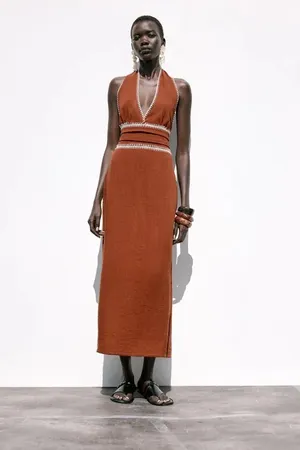 Zara Sleeveless V-Neck Brown Cotton Bohemian Maxi Dress thumbnail 10