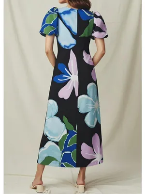 ANTHROPOLOGIE Puff-Sleeve A-Line Maxi Dress, Black Floral, Small thumbnail 3