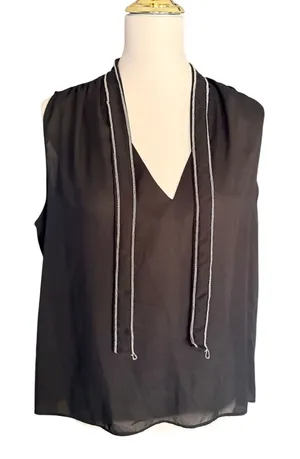 ZARA Black Sleeveless V-Neck Blouse with‎ Silver Chain Trim Ties XL thumbnail 1