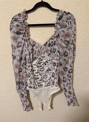 Free People Floral Smocked Long-Sleeve Bodysuit size large thumbnail 1