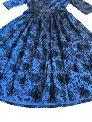 Voodoo Vixen Blue Black Bird Print Belted Fit Flare Midi Dress Medium Women's thumbnail 12