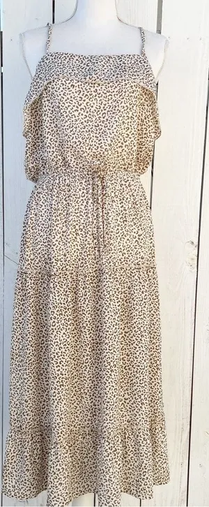 Shein‎ Dress Large Leopard Print Ruffle Tiered Midi Tie Strap Boho thumbnail 1