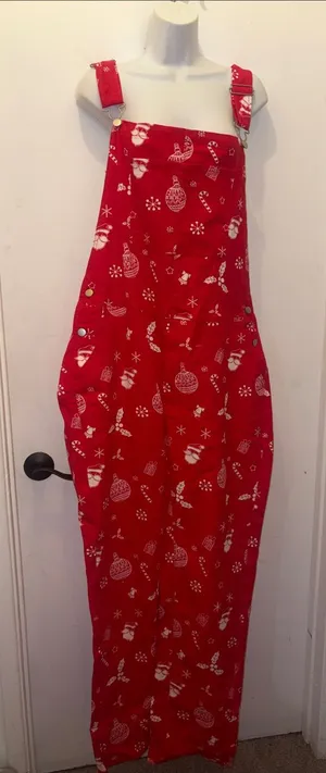 Christmas Red Printed Women’s Jeans Overalls with Holiday Motif size Large new thumbnail 1