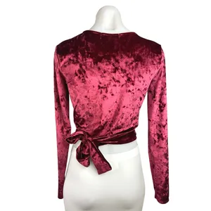 Planet Gold Red Velvet Velour Holiday Long Sleeve Wrap Tie Blouse Crop Top Sz M thumbnail 2