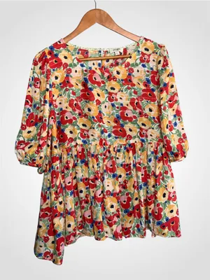 Umgee Floral Puff Sleeve Peplum Top in Red, Yellow, Green & Blue Large thumbnail 2