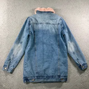 Y2K Longline Denim Jacket Women 4 Pink Faux Fur Collar Fleece Lined Boyfriend thumbnail 3