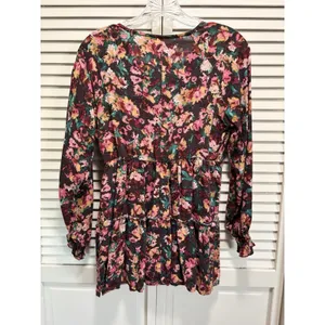 Maurices Burgundy/Green Floral Long‎ Sleeve Smocked V Neck Ruffle Blouse Size M thumbnail 6
