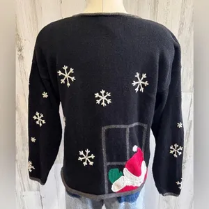 Vintage Santa Snowman Reindeer Cardigan Sweater large embroidery knit‎ whimsical thumbnail 3