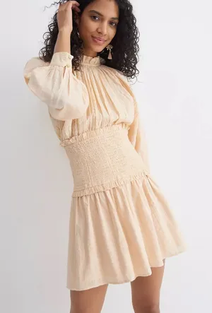 Anthropologie Cleobella Magda Smocked Mini Dress Cream Tan Medium thumbnail 1