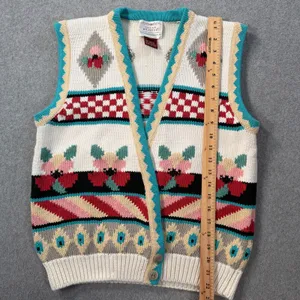 Vintage 1990 Susan Bristol Knit Sweater Vest Women's Large Floral Check V-Neck thumbnail 5