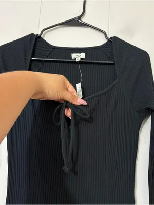 Aerie Ribbed Tie Front Maxi Dress Black Long Sleeve Knit Size S NWT thumbnail 11