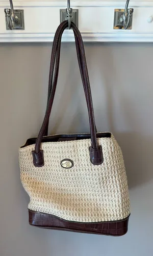 Straw Tote Bag with Brown Leather Trim - Classic Women's Shoulder Bag thumbnail 1