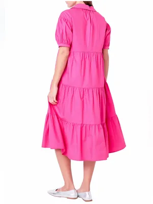 English Factory Hot Pink Puff Sleeve Collared Midi Dress Medium thumbnail 2