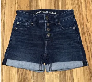 American Eagle Women's Jean‎ Shorts 000 High Rise Button AE Stretch Dark Midi thumbnail 1