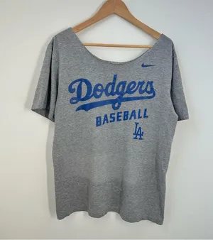 Gray Los Angeles Dodgers off-the-shoulder graphic tee thumbnail 1