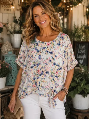 Floral Short Sleeve Ruffle Tie Knot Blouse ~ Women’s XL Cottage Feminine Top thumbnail 1