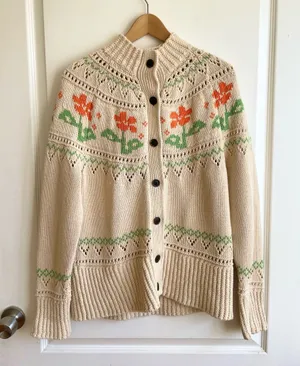 LL Bean Signature Womens Cotton Fisherman cardigan Size L Fair Isle 100% Cotton thumbnail 1