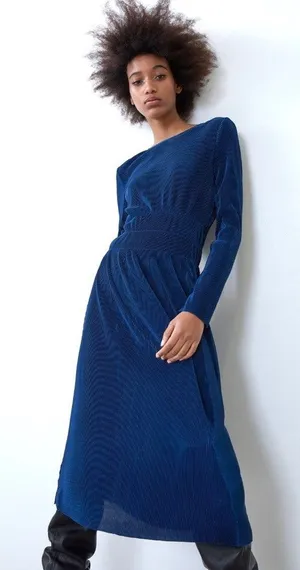 Zara Navy Blue Pleated Satin Long Sleeve Midi Dress Women's Size Medium thumbnail 1
