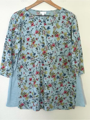 J Jill 100% Cotton Blue Floral 3/4 Sleeve Tunic Round Neck Lagenlook Classic thumbnail 1