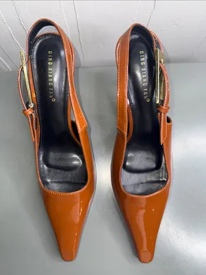 Ding Xiang Pointed Patent Slingback Heels in Cognac by thumbnail 4