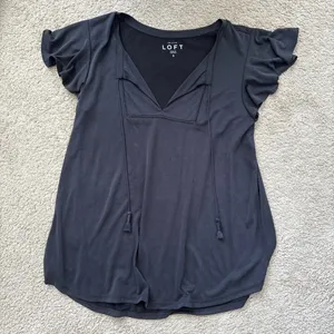 LOFT Gray Flutter Sleeve Blouse with Ruffled Details thumbnail 1