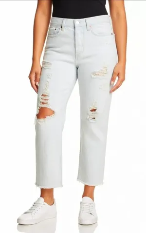 NWT Levi's Wedgie Straight in Thin Ice Destroyed Rigid Denim Crop Jeans 28 $128 thumbnail 1