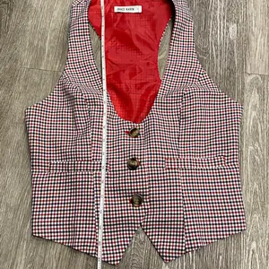 Vintage plaid checkered tuxedo vest button front red checks gingham small thumbnail 6