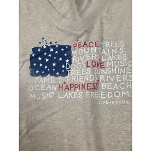 Life Is Good Crusher Tee Beige Tan USA Flag Vneck Tshirt Pullover Size L thumbnail 2