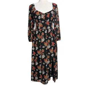 Hollister Dress Womens Medium Floral Long‎ Puff Sleeve Slit Midi Chiffon Retro thumbnail 3
