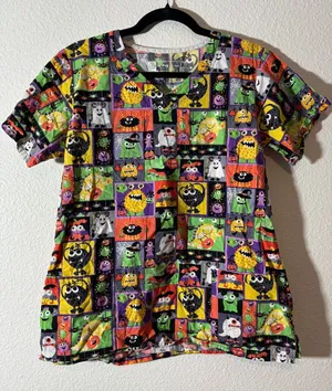 Bio Bring It On Women's Size M Halloween V-Neck Scrub Top Ghosts Monsters thumbnail 1