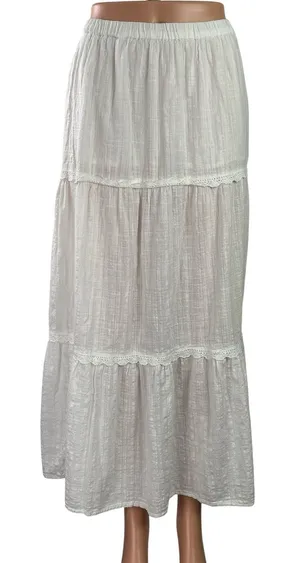 Roxy Womens White Elastic Waist Tiered Lace Trim Maxi Boho A-Line Skirt Sz XS/6 thumbnail 1