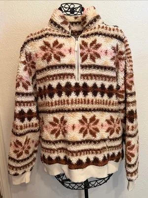 Aerie 🐏🐏🐏BOGOHO🐏🐏🐏 Cozy Cream and Brown Sherpa Quarter-Zip Sweater -Large thumbnail 1